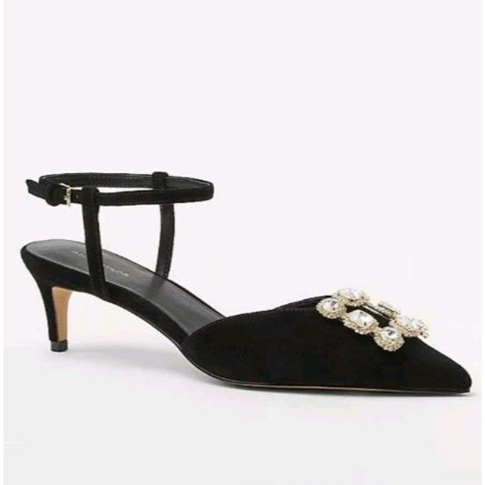 NEW ANN TAYLOR BLACK CRYSTAL BUCKLE SUEDE KITTEN HEEL PUMPS SHOES 9.5 M